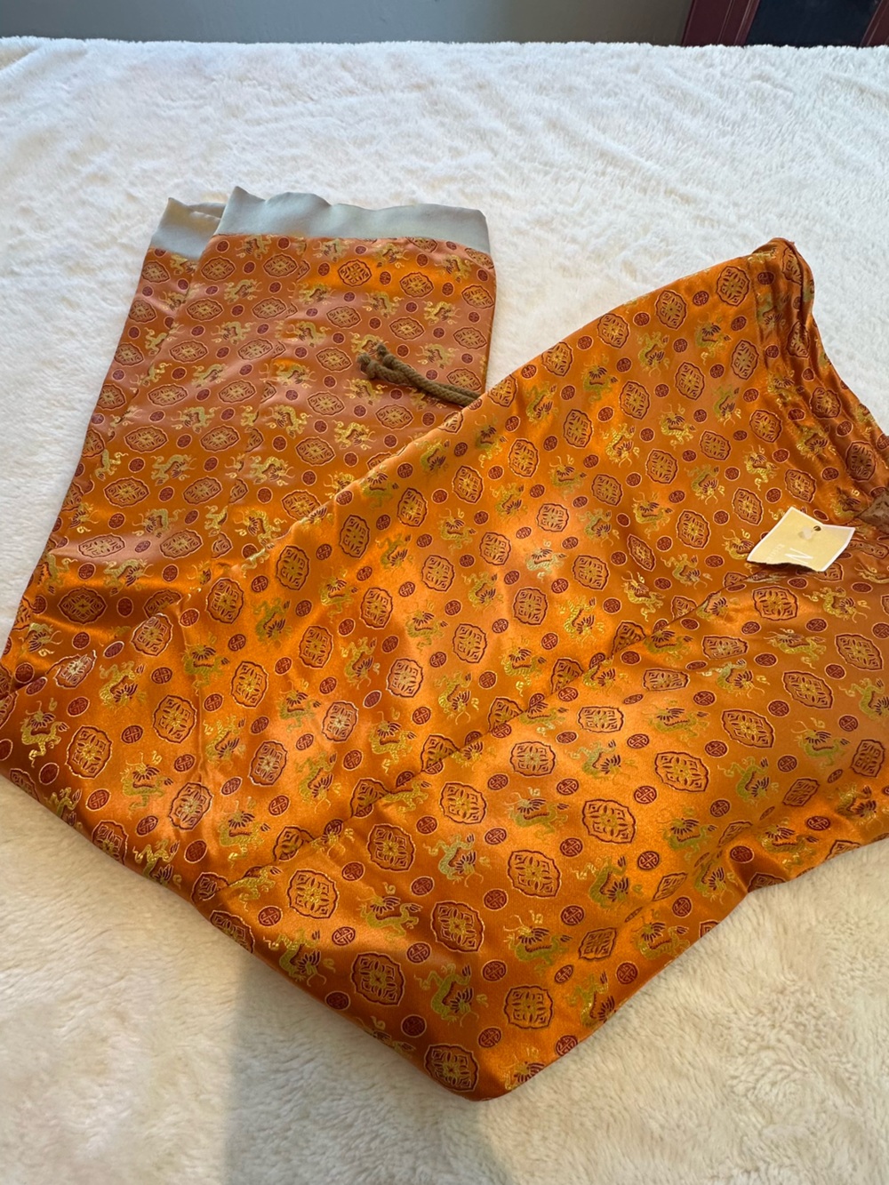Drawstring lose Orange Satin Printed Pull-On Pants